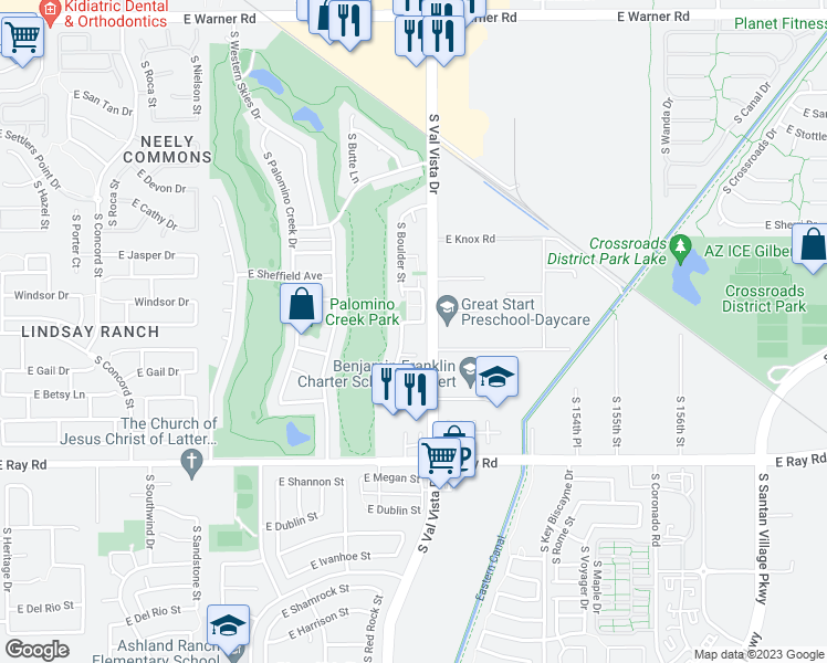 map of restaurants, bars, coffee shops, grocery stores, and more near 1575 East Baylor Lane in Gilbert