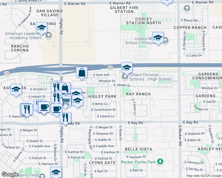 map of restaurants, bars, coffee shops, grocery stores, and more near 1375 South Moccasin Trail in Gilbert