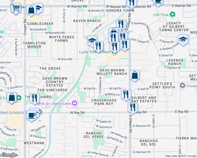 map of restaurants, bars, coffee shops, grocery stores, and more near 1351 South Saguaro Street in Gilbert