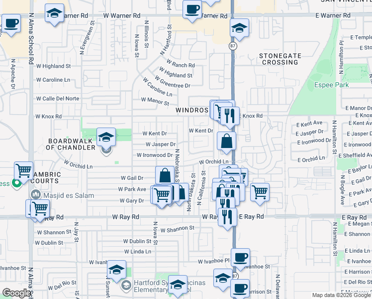 map of restaurants, bars, coffee shops, grocery stores, and more near 1228 North Dakota Street in Chandler