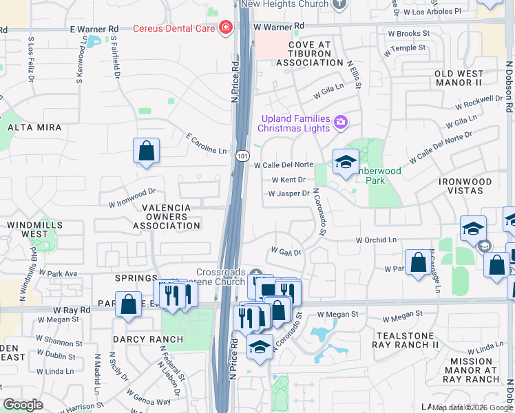 map of restaurants, bars, coffee shops, grocery stores, and more near 1310 North Desoto Street in Chandler