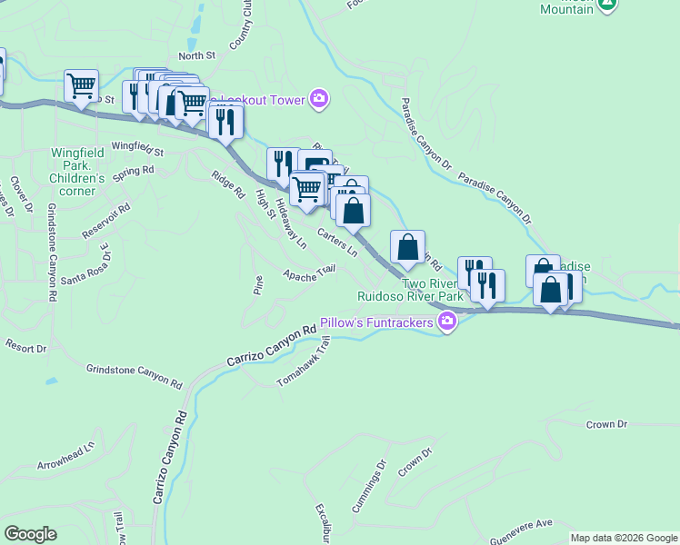 map of restaurants, bars, coffee shops, grocery stores, and more near 227 Apache Trail in Ruidoso
