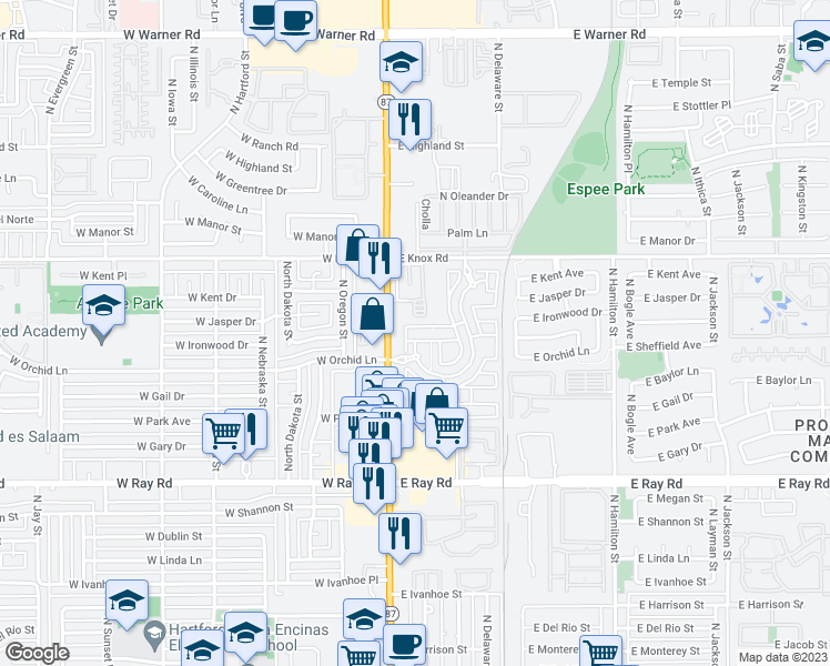 map of restaurants, bars, coffee shops, grocery stores, and more near 1273 North Arizona Avenue in Chandler