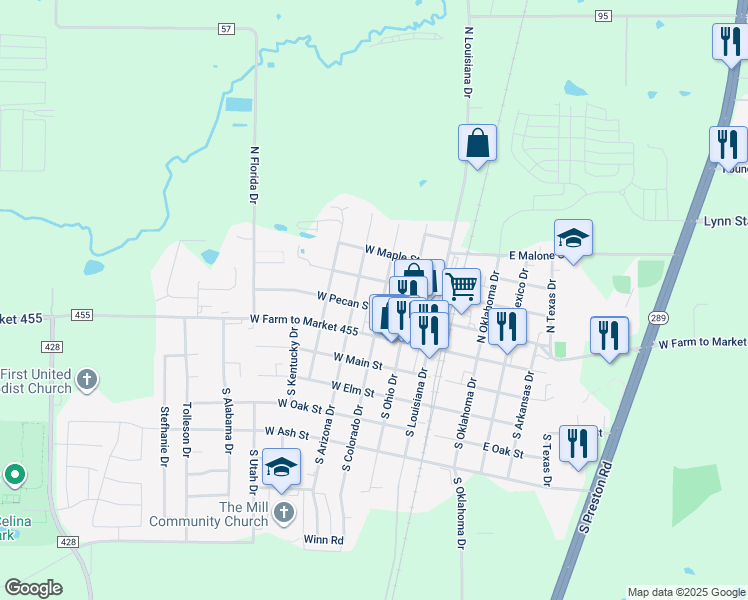 map of restaurants, bars, coffee shops, grocery stores, and more near 403 West Pecan Street in Celina