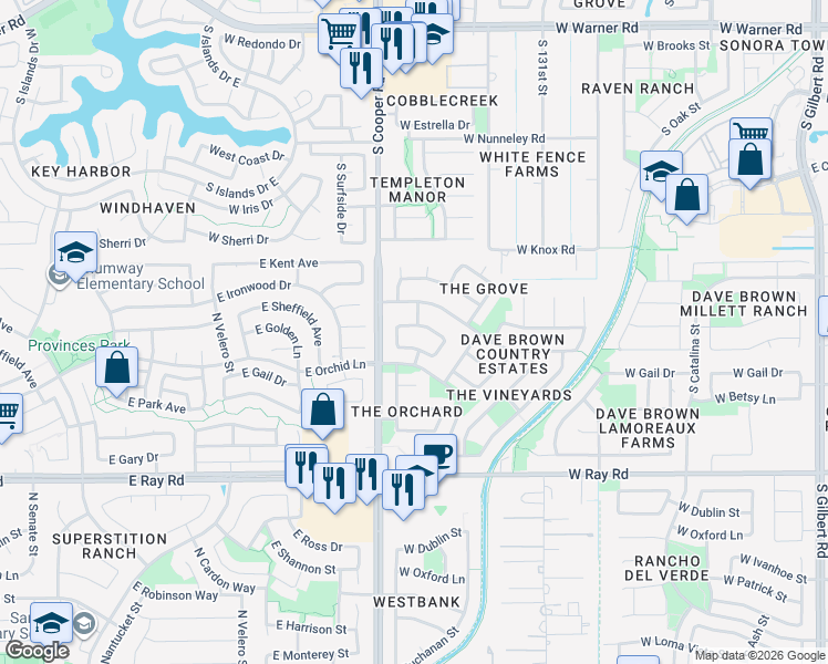map of restaurants, bars, coffee shops, grocery stores, and more near 733 West Golden Street in Gilbert