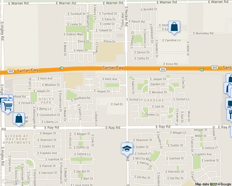 map of restaurants, bars, coffee shops, grocery stores, and more near 1371 South Joshua Tree Lane in Gilbert