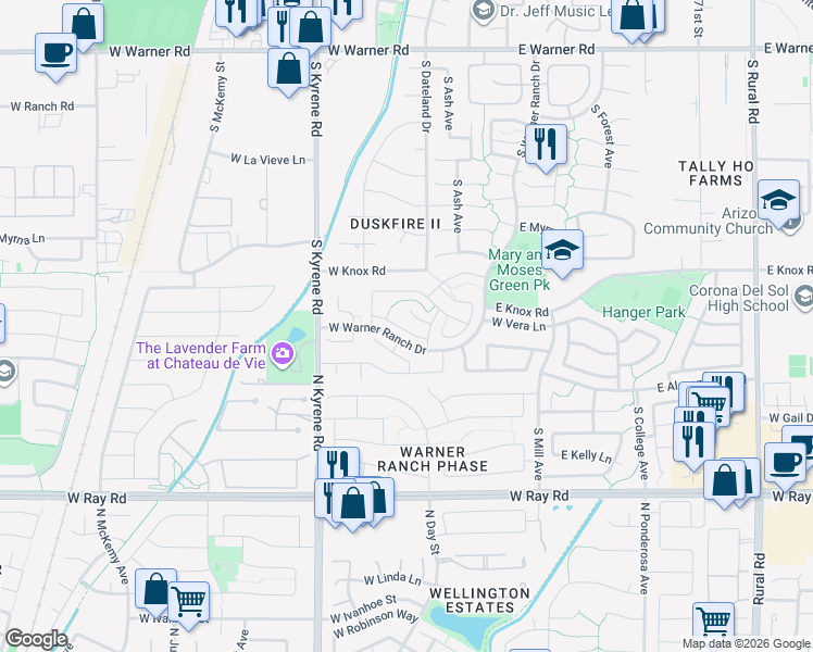 map of restaurants, bars, coffee shops, grocery stores, and more near 224 West Courtney Lane in Tempe