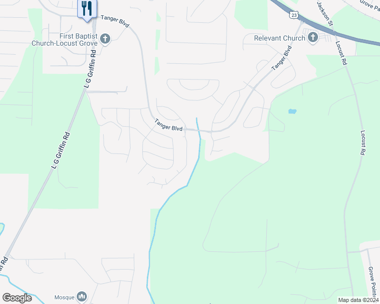map of restaurants, bars, coffee shops, grocery stores, and more near 449 Kirkland Drive in Locust Grove