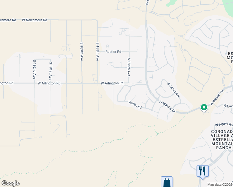 map of restaurants, bars, coffee shops, grocery stores, and more near 13402 South 186th Drive in Goodyear