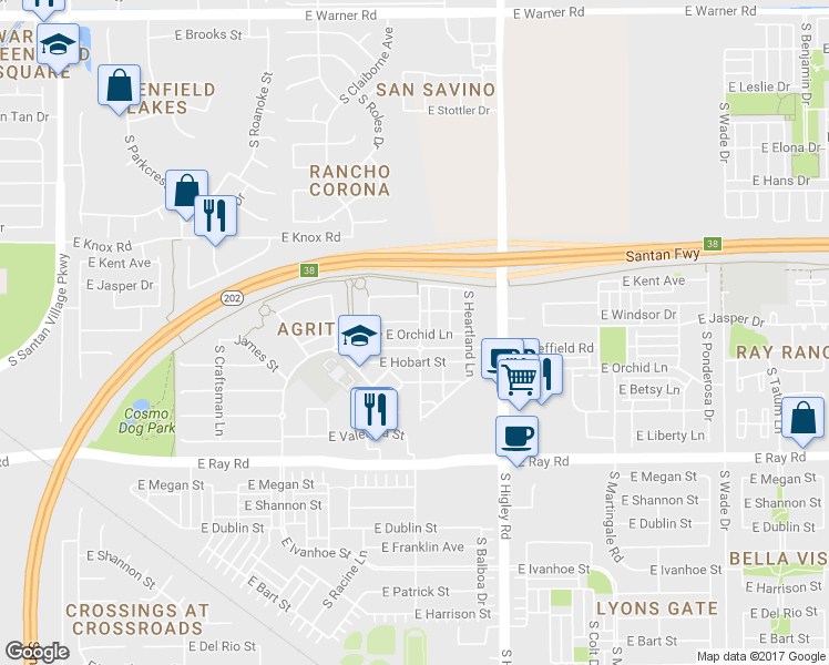map of restaurants, bars, coffee shops, grocery stores, and more near 3043 East Orchid Lane in Gilbert