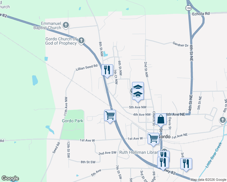 map of restaurants, bars, coffee shops, grocery stores, and more near 650 7th Court Northwest in Gordo