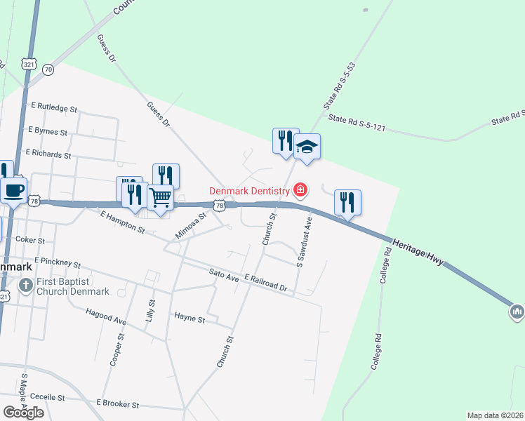 map of restaurants, bars, coffee shops, grocery stores, and more near 17829 Heritage Highway in Denmark
