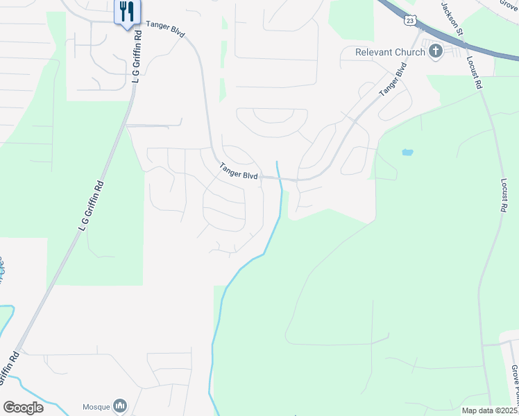 map of restaurants, bars, coffee shops, grocery stores, and more near 448 Kirkland Drive in Locust Grove