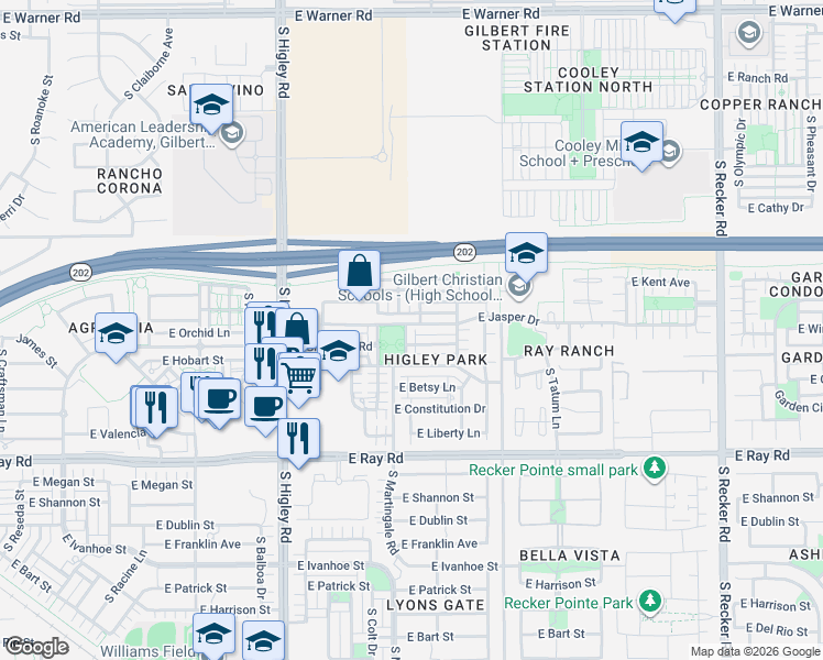 map of restaurants, bars, coffee shops, grocery stores, and more near 3465 East Jasper Drive in Gilbert