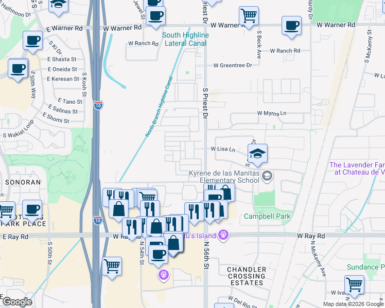 map of restaurants, bars, coffee shops, grocery stores, and more near 1316 North Alison Way in Chandler