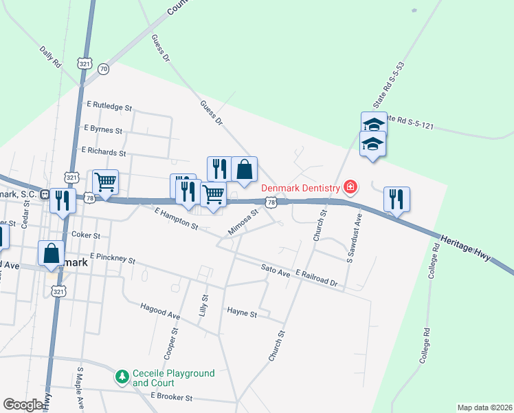 map of restaurants, bars, coffee shops, grocery stores, and more near 366 Mimosa Street in Denmark