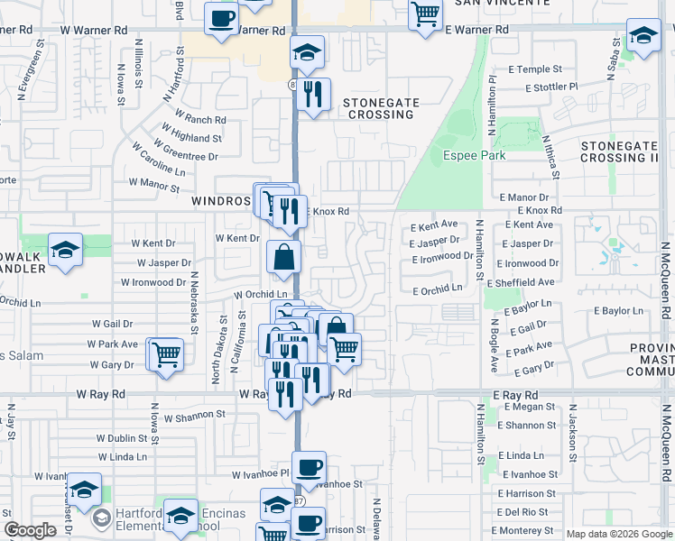 map of restaurants, bars, coffee shops, grocery stores, and more near 1255 North Arizona Avenue in Chandler