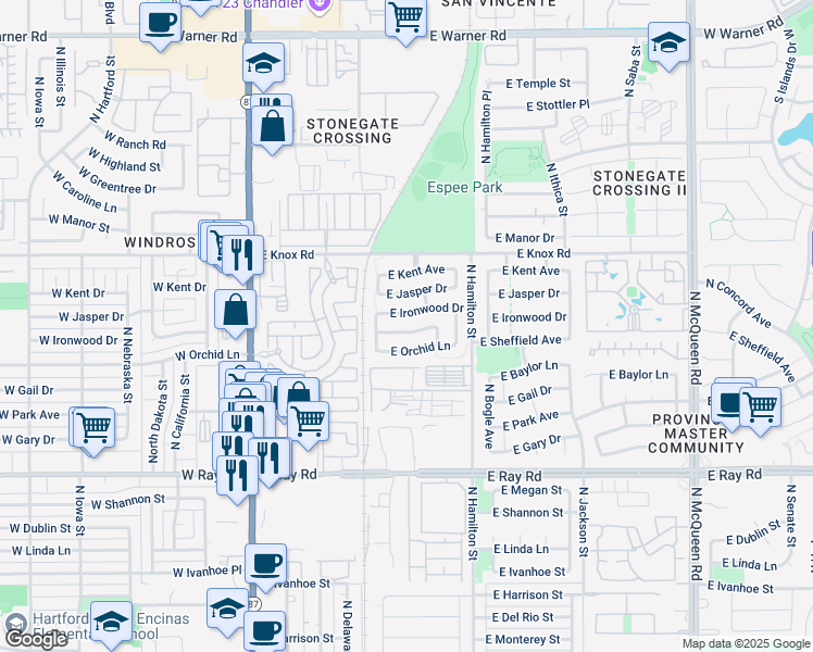 map of restaurants, bars, coffee shops, grocery stores, and more near 406 East Sheffield Avenue in Chandler