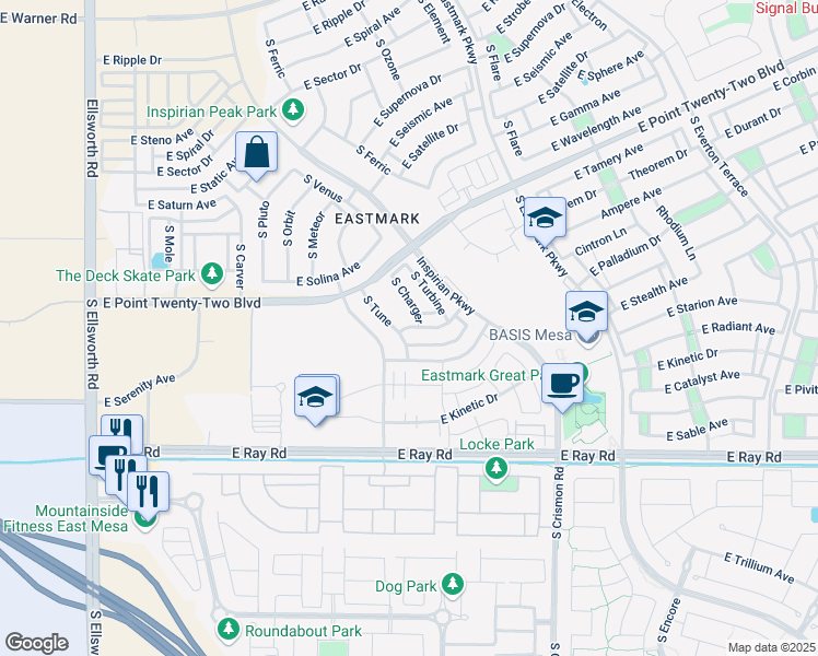 map of restaurants, bars, coffee shops, grocery stores, and more near 9803 East Suburban Drive in Mesa
