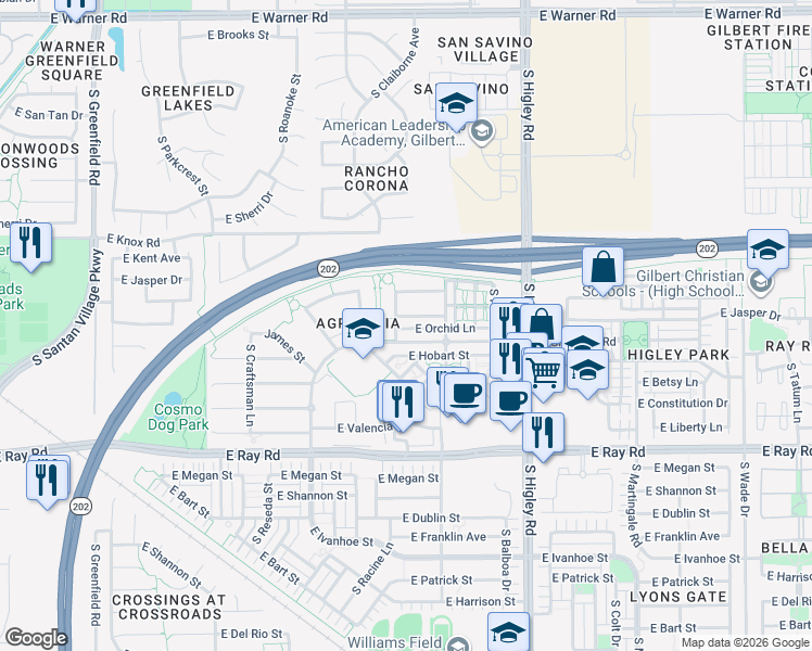 map of restaurants, bars, coffee shops, grocery stores, and more near 2979 East Orchid Lane in Gilbert
