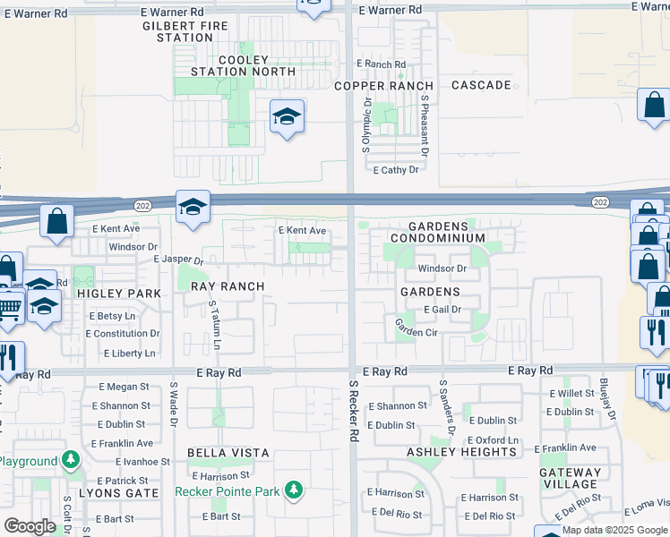 map of restaurants, bars, coffee shops, grocery stores, and more near 1371 South Joshua Tree Lane in Gilbert