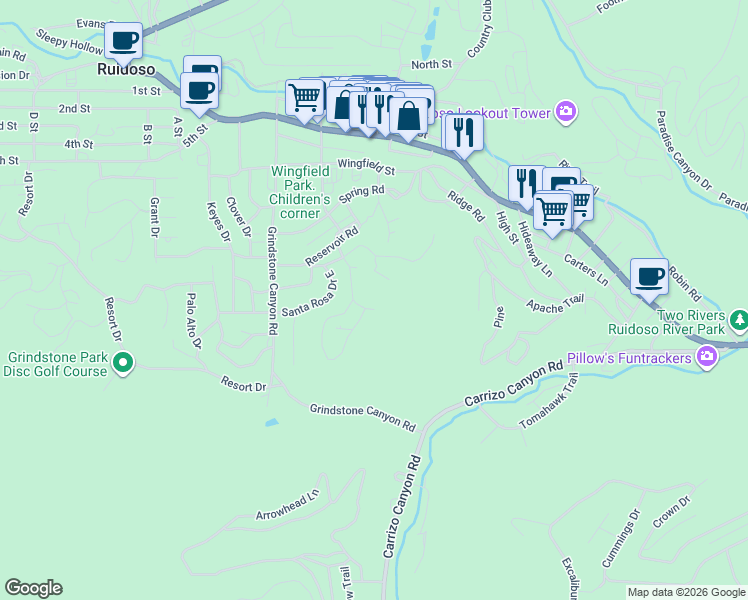 map of restaurants, bars, coffee shops, grocery stores, and more near 750 Center Street in Ruidoso
