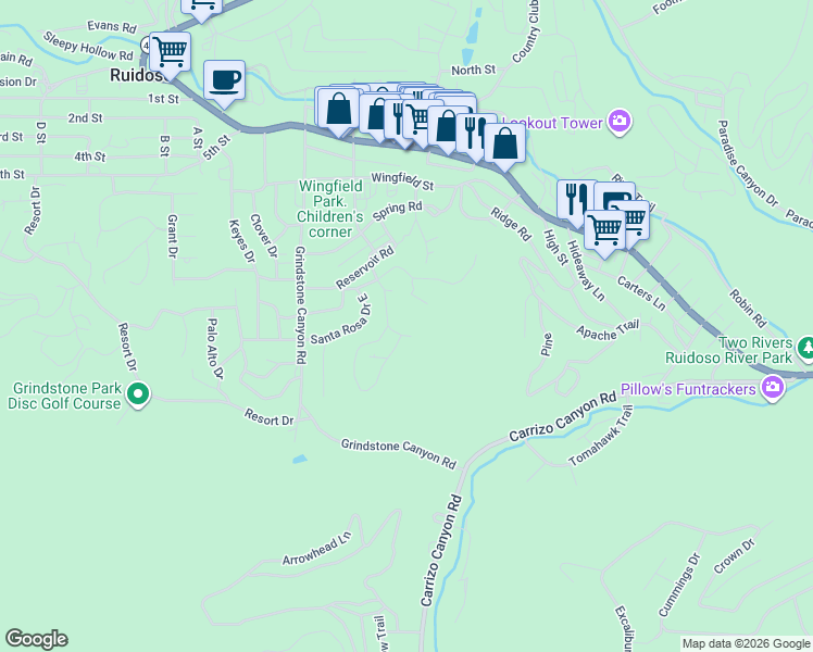 map of restaurants, bars, coffee shops, grocery stores, and more near 750 Center Street in Ruidoso