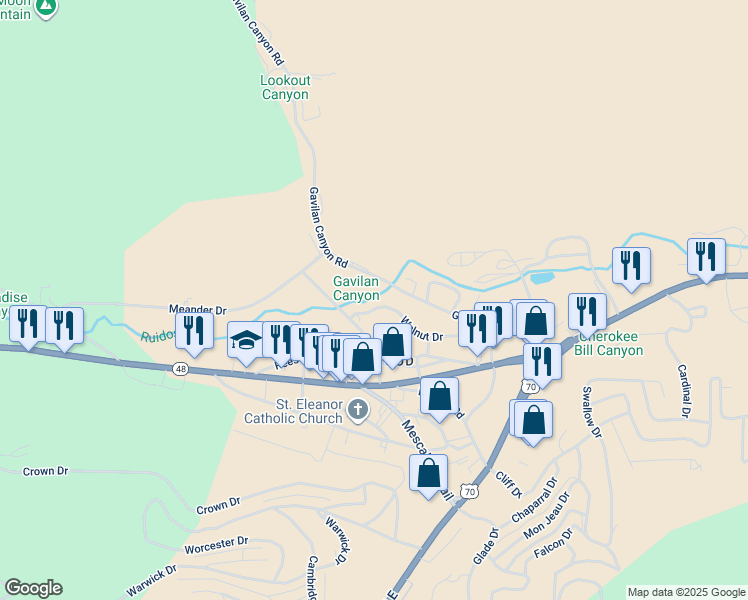map of restaurants, bars, coffee shops, grocery stores, and more near 392-488 Walnut Drive in Ruidoso