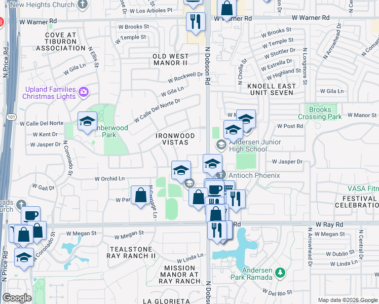 map of restaurants, bars, coffee shops, grocery stores, and more near 2049 West Corona Drive in Chandler