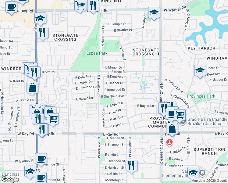 map of restaurants, bars, coffee shops, grocery stores, and more near 673 East Ironwood Drive in Chandler