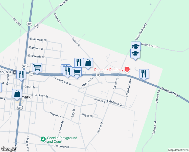 map of restaurants, bars, coffee shops, grocery stores, and more near 366 Mimosa Street in Denmark