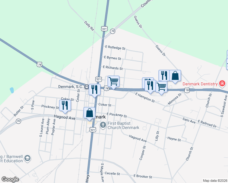 map of restaurants, bars, coffee shops, grocery stores, and more near 18521 Heritage Highway in Denmark