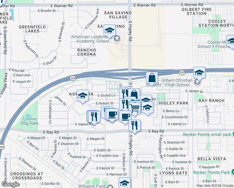 map of restaurants, bars, coffee shops, grocery stores, and more near 3118 East Orchid Lane in Gilbert