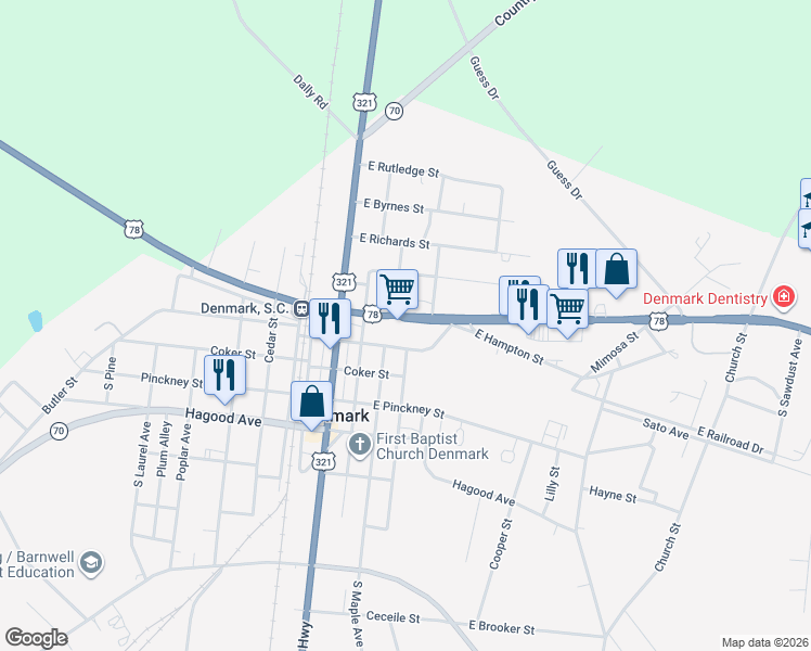 map of restaurants, bars, coffee shops, grocery stores, and more near 18521 Heritage Highway in Denmark