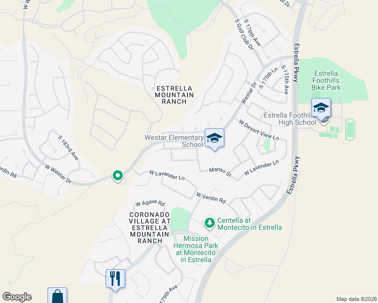map of restaurants, bars, coffee shops, grocery stores, and more near 17829 West Buckhorn Drive in Goodyear