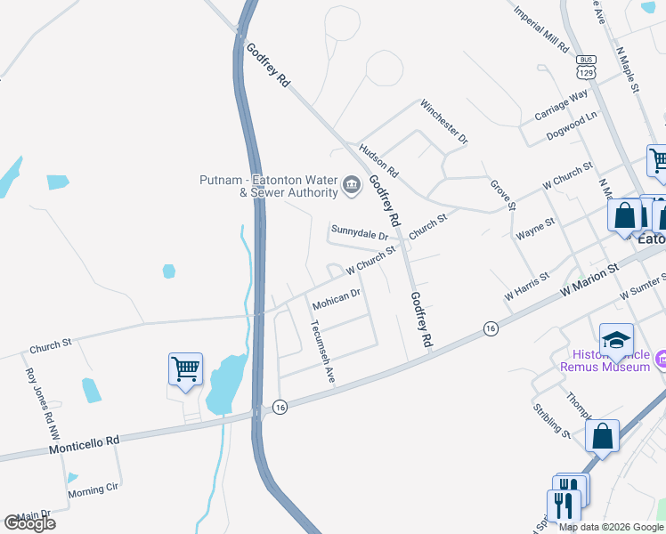 map of restaurants, bars, coffee shops, grocery stores, and more near 702 Church Street in Eatonton
