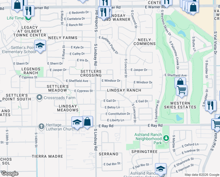 map of restaurants, bars, coffee shops, grocery stores, and more near 897 East Baylor Lane in Gilbert