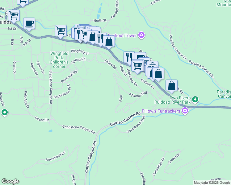 map of restaurants, bars, coffee shops, grocery stores, and more near 401 Apache Trail in Ruidoso
