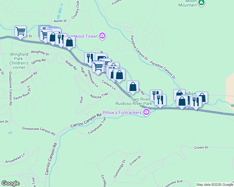 map of restaurants, bars, coffee shops, grocery stores, and more near 115 Carters Lane in Ruidoso