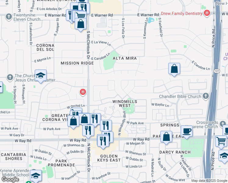 map of restaurants, bars, coffee shops, grocery stores, and more near 3843 West Ironwood Drive in Chandler