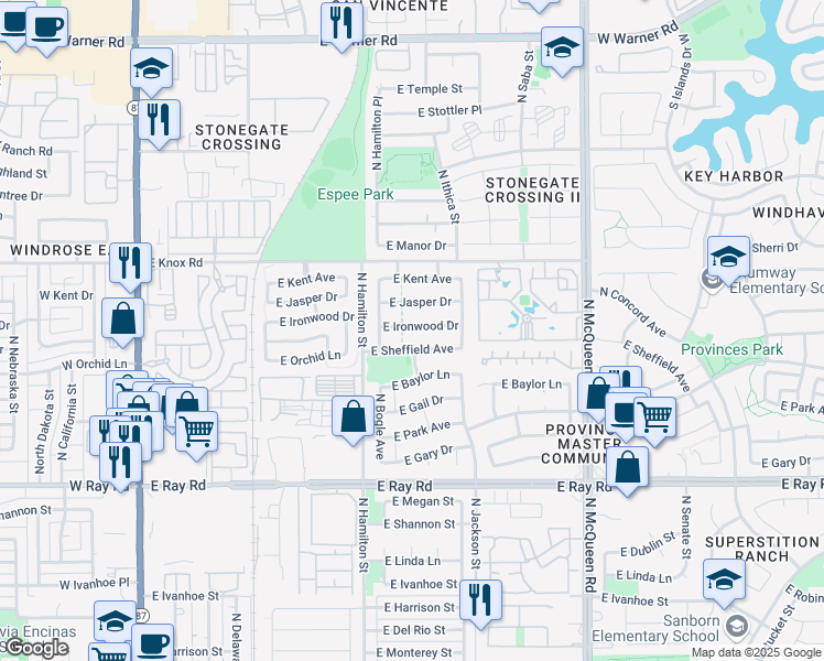 map of restaurants, bars, coffee shops, grocery stores, and more near 673 East Ironwood Drive in Chandler