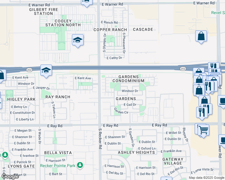 map of restaurants, bars, coffee shops, grocery stores, and more near 4082 Garden Circle in Gilbert