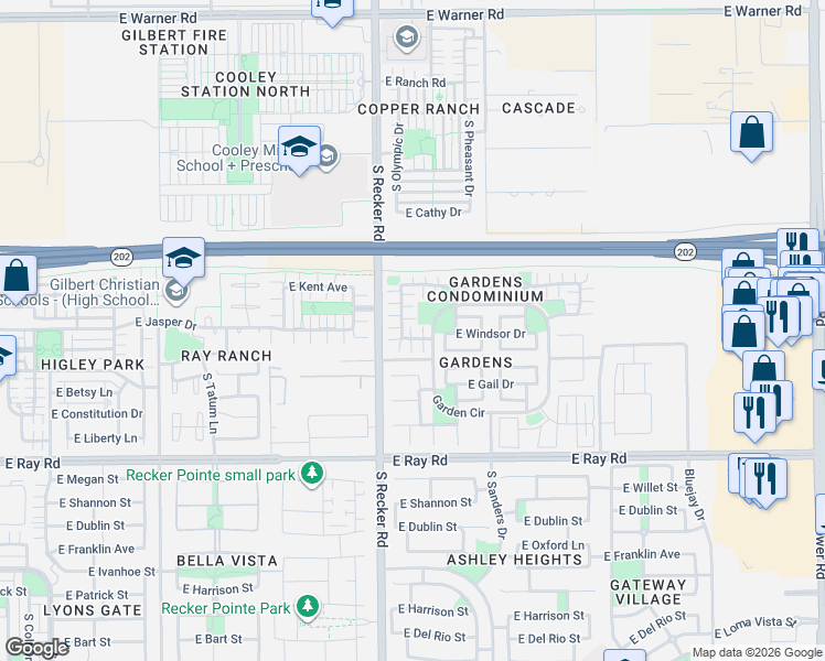 map of restaurants, bars, coffee shops, grocery stores, and more near 1374 South Sabino Drive in Gilbert