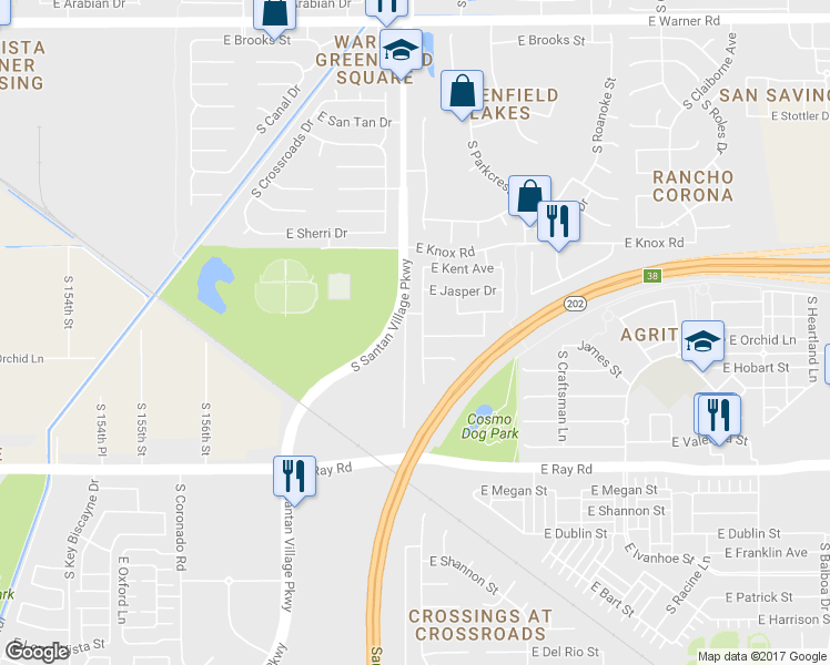 map of restaurants, bars, coffee shops, grocery stores, and more near 1360 South Portland Avenue in Gilbert