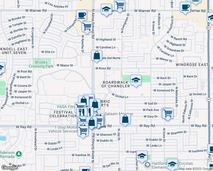 map of restaurants, bars, coffee shops, grocery stores, and more near 1351 North Pleasant Drive in Chandler