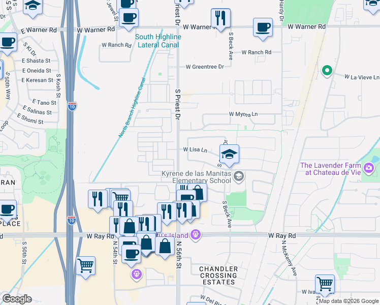 map of restaurants, bars, coffee shops, grocery stores, and more near 1402 West Courtney Lane in Tempe