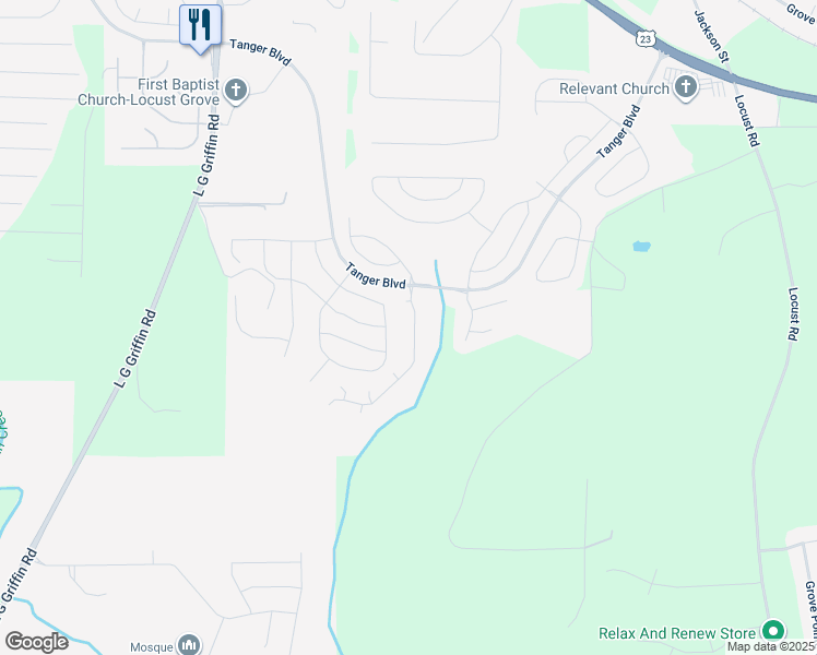 map of restaurants, bars, coffee shops, grocery stores, and more near 440 Kirkland Drive in Locust Grove