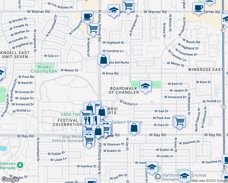 map of restaurants, bars, coffee shops, grocery stores, and more near 1351 North Pleasant Drive in Chandler
