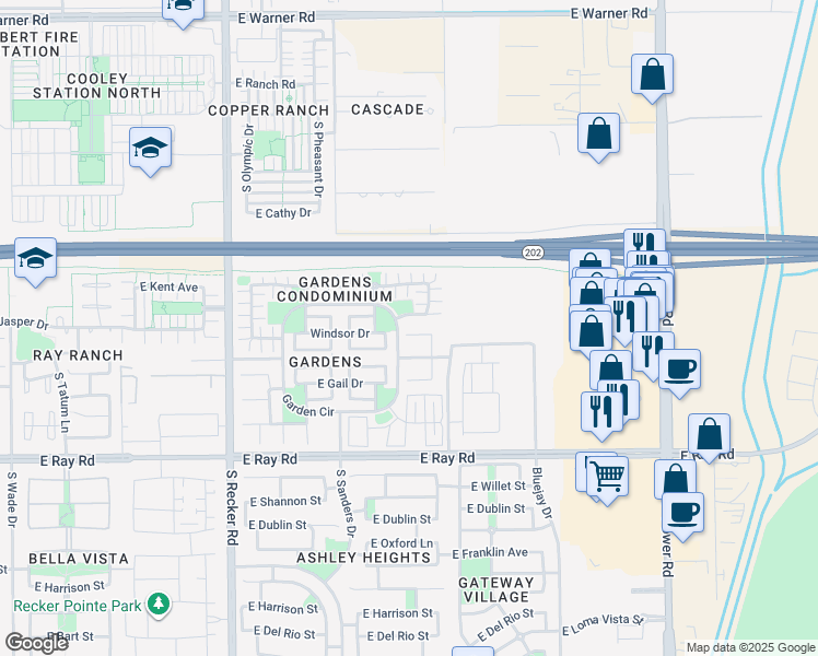 map of restaurants, bars, coffee shops, grocery stores, and more near 1385 South Heron Lane in Gilbert