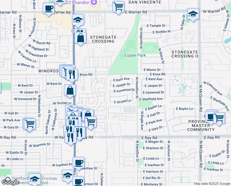 map of restaurants, bars, coffee shops, grocery stores, and more near 406 East Sheffield Avenue in Chandler